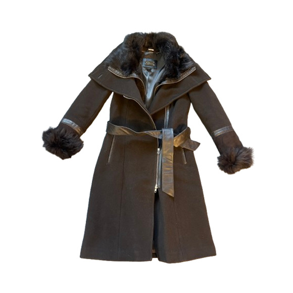 Mackage Isabel Brown Shearling Accent Wool Trench Coat Size S - Picture 7 of 14